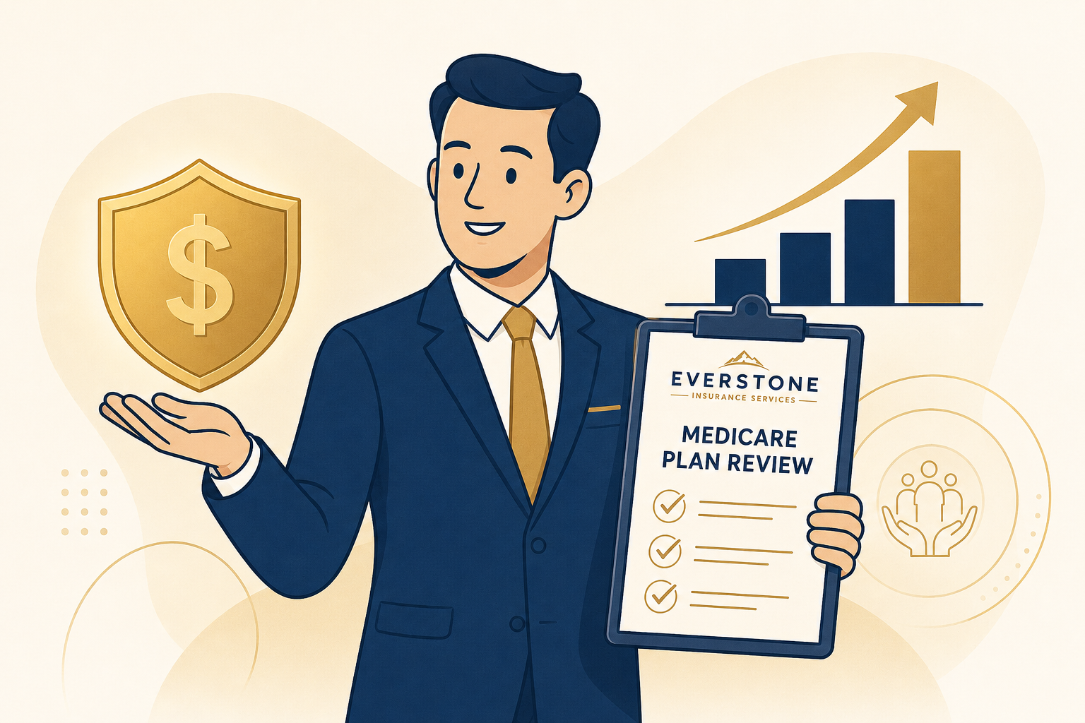 Agent holding a coin and a Medicare clipboard